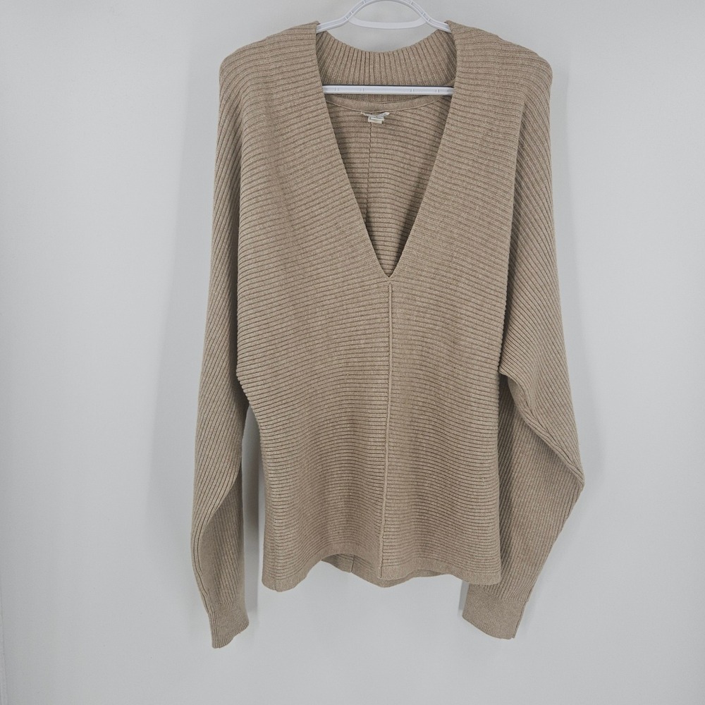 Maeve Ribbed Deep V Neck Sweater Tan Dolman Sleeve Oversized Cozy Pullover Sz M